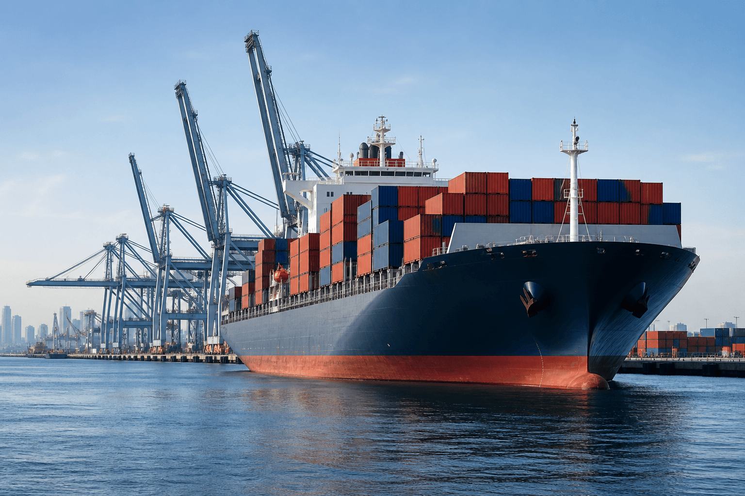 Container ship arriving at an international port