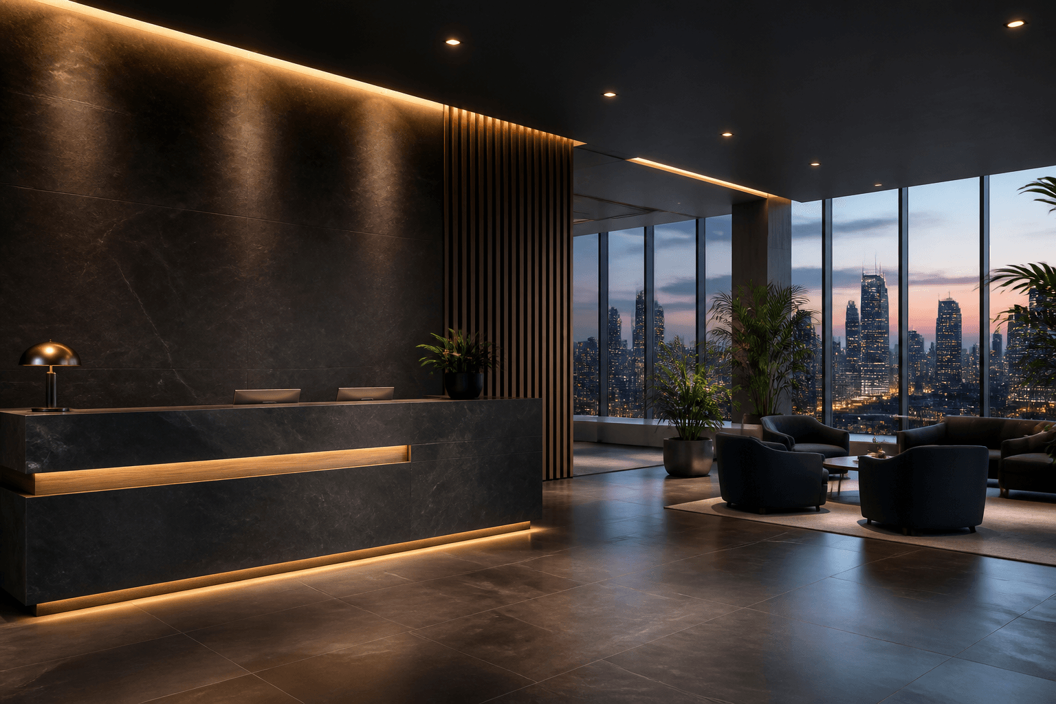 Orca-style corporate reception and client lounge overlooking a city skyline