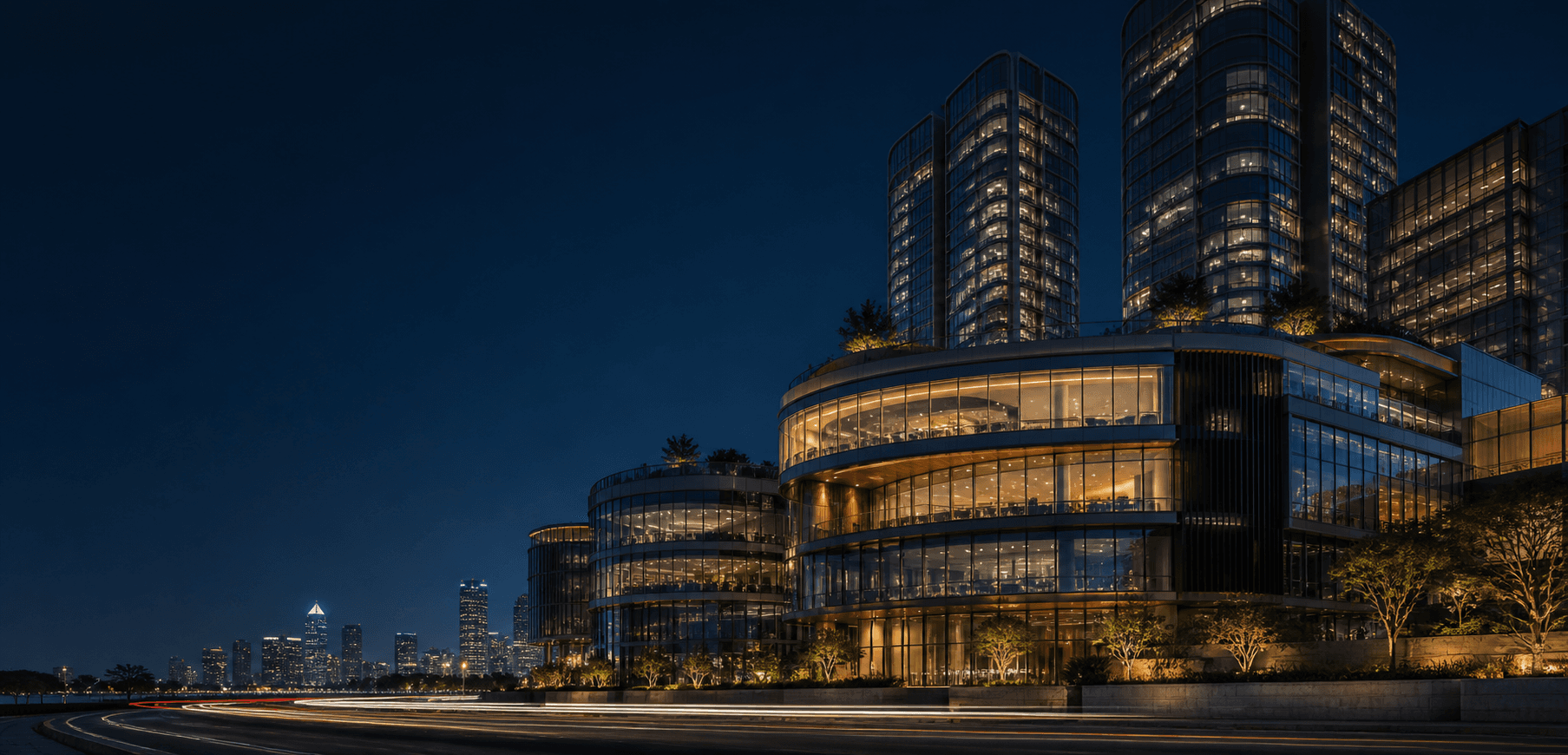 Premium mixed-use real estate overlooking a modern city at dusk