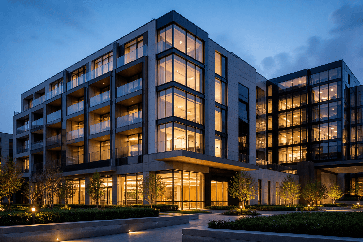 Contemporary mixed-use property illuminated at blue hour