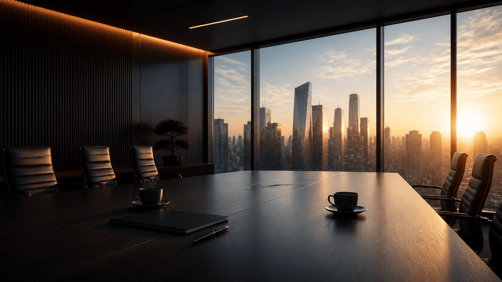 Executive meeting room overlooking a city skyline at sunrise
