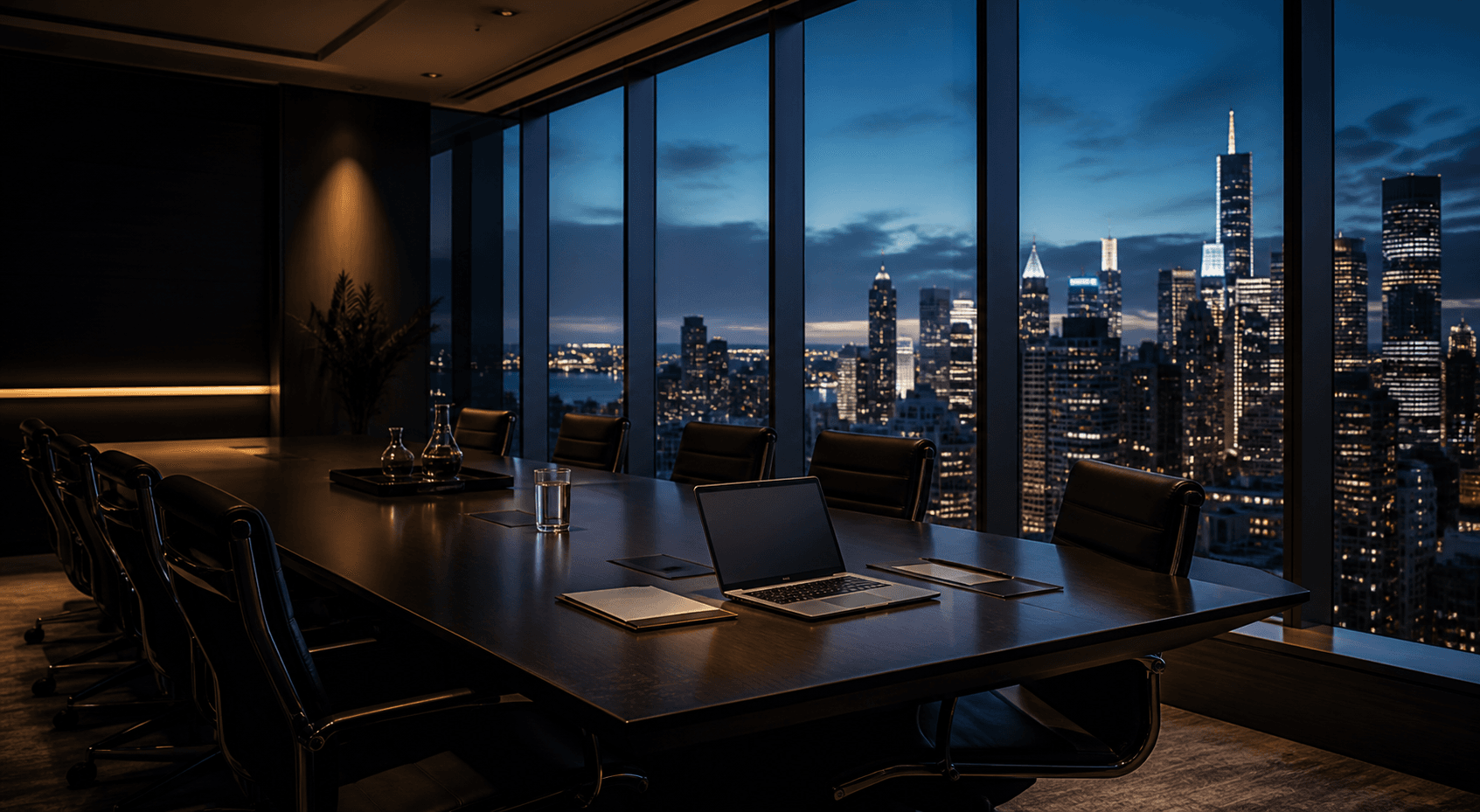 Premium investment advisory boardroom overlooking a city at dusk