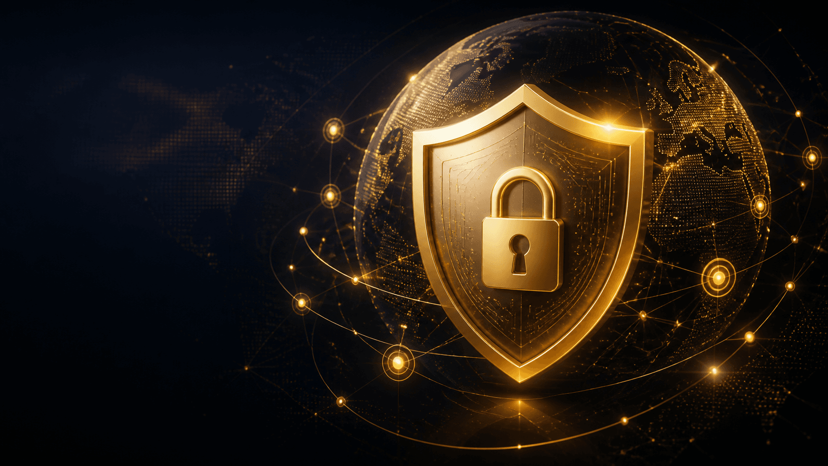 Golden privacy shield and lock over a connected digital globe