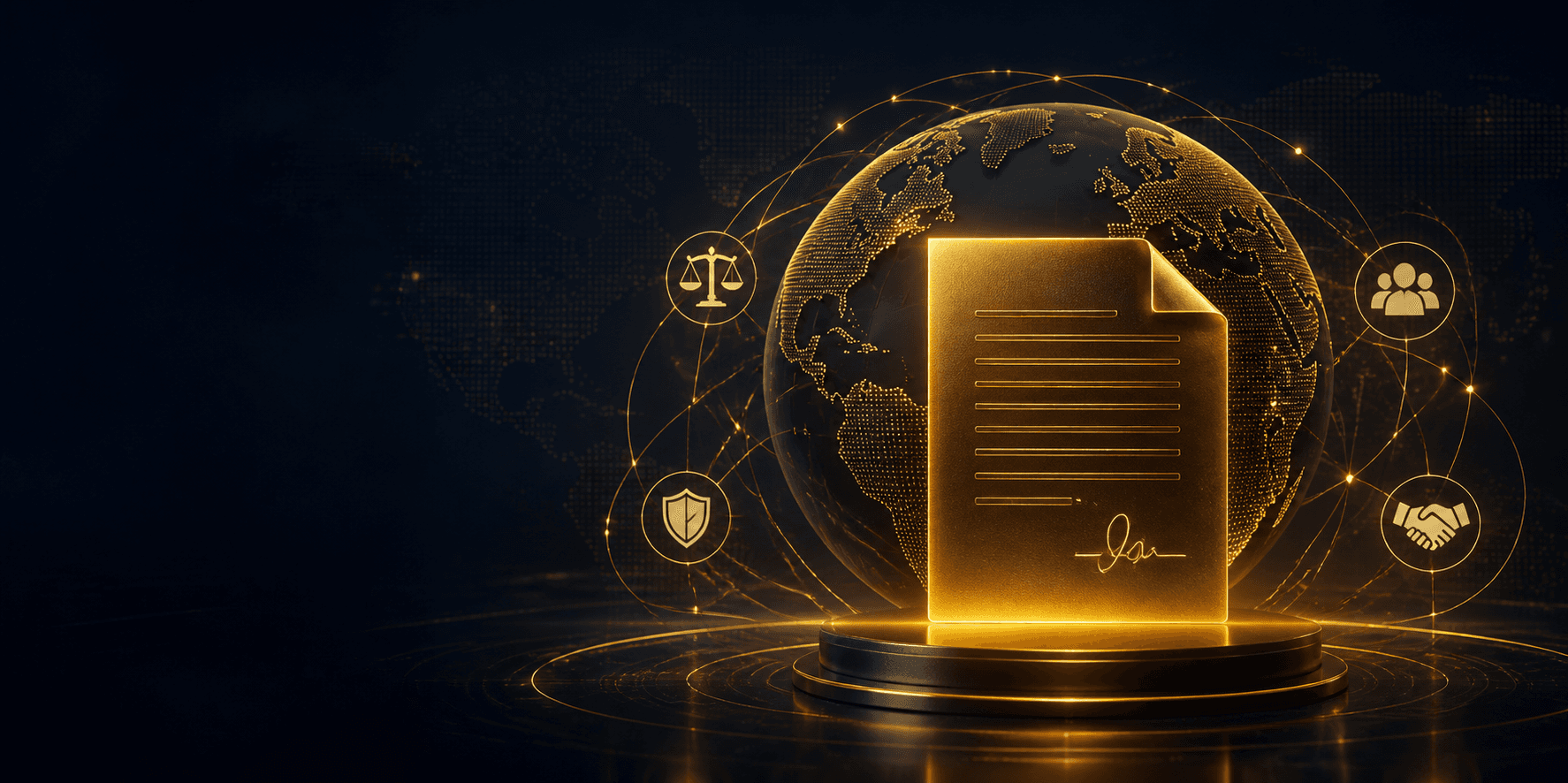 Golden legal document in front of a connected digital globe