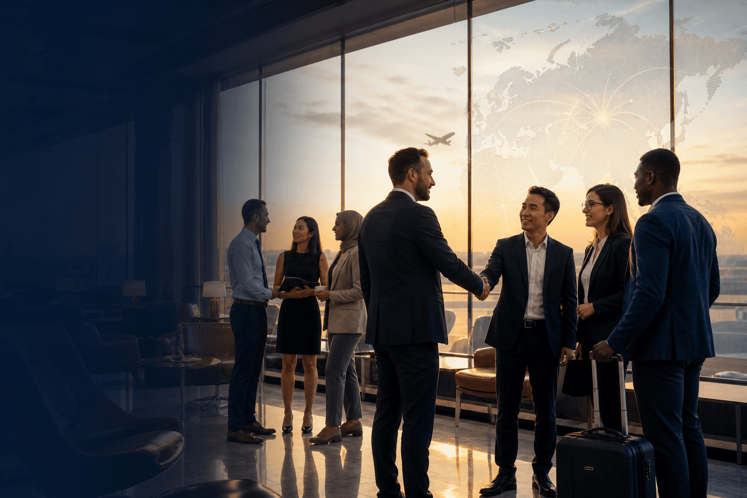 International business professionals meeting in a global travel lounge